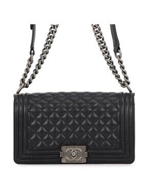 Chanel Chain Shoulder Bag Quilted CC Logo Boy 25 Caviar Leather Black